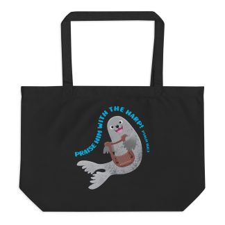 Cute harp seal praise scripture Large organic tote bag