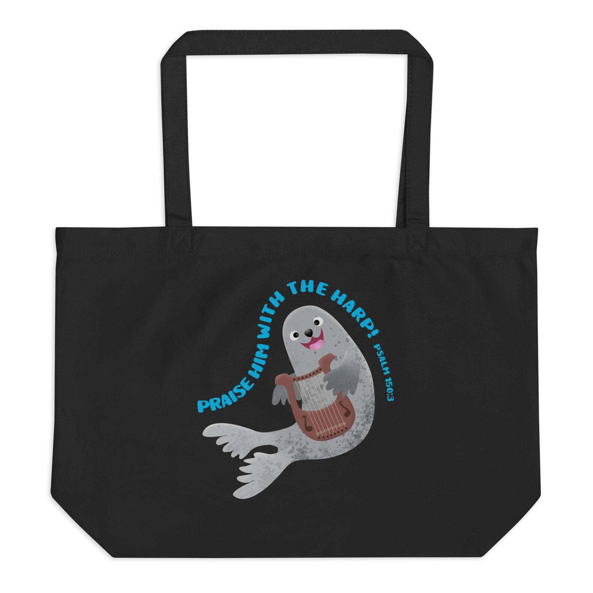 Cute harp seal praise scripture Large organic tote bag