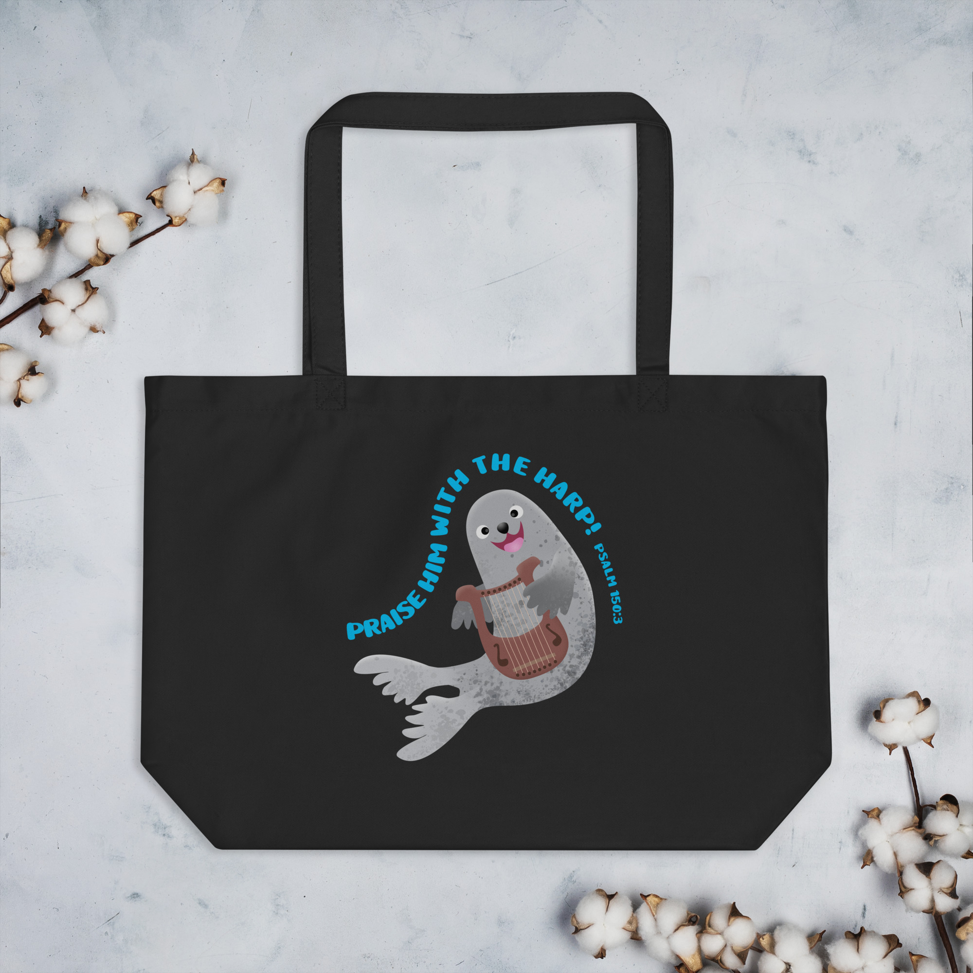 Cute harp seal praise scripture Large organic tote bag - Image 5