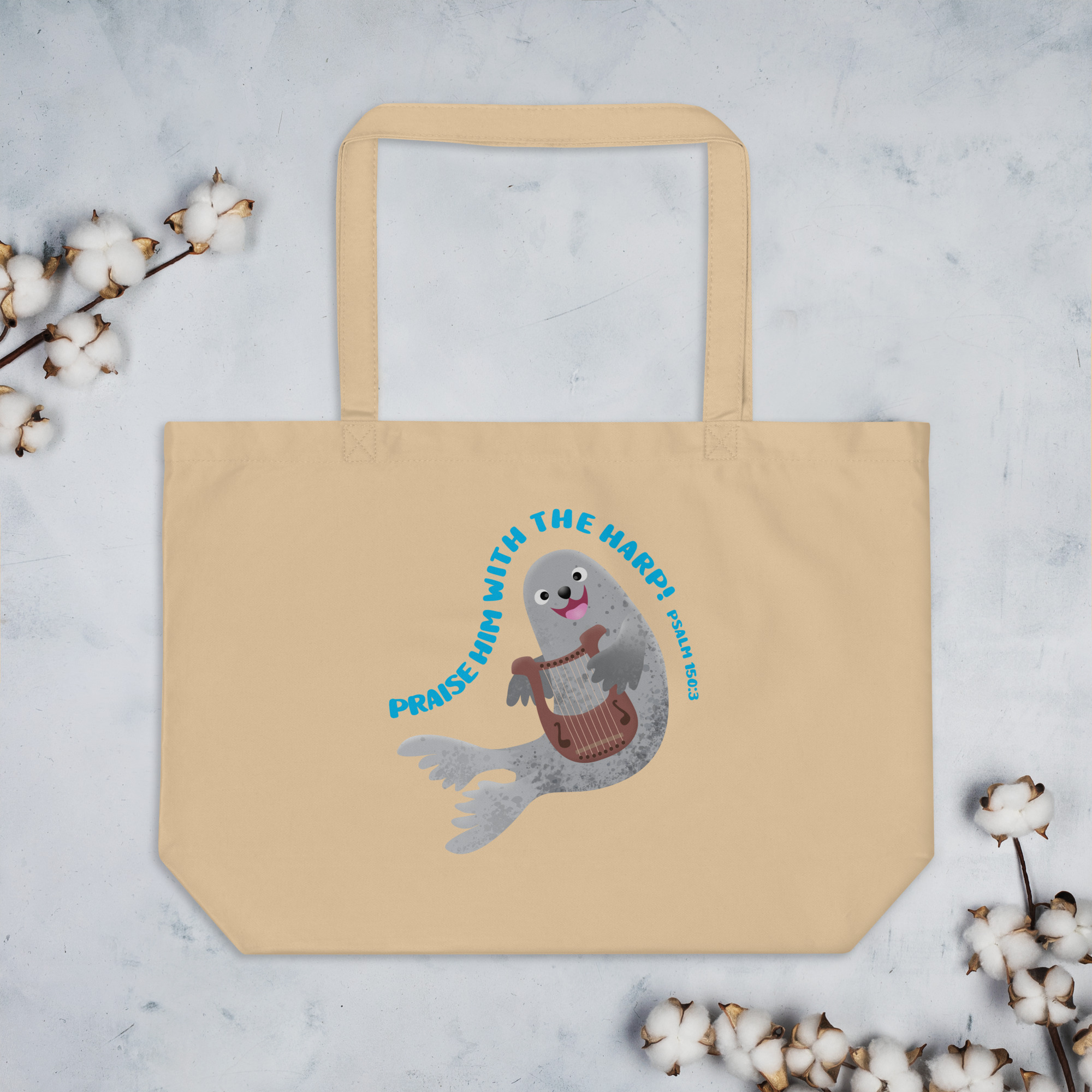 Cute harp seal praise scripture Large organic tote bag - Image 8