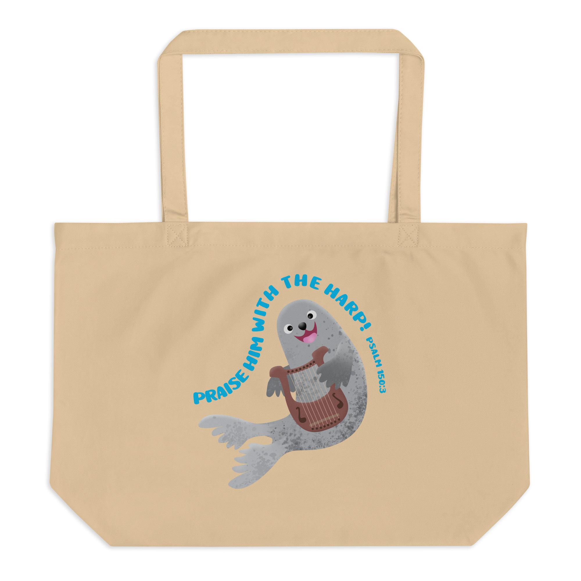 Cute harp seal praise scripture Large organic tote bag - Image 2