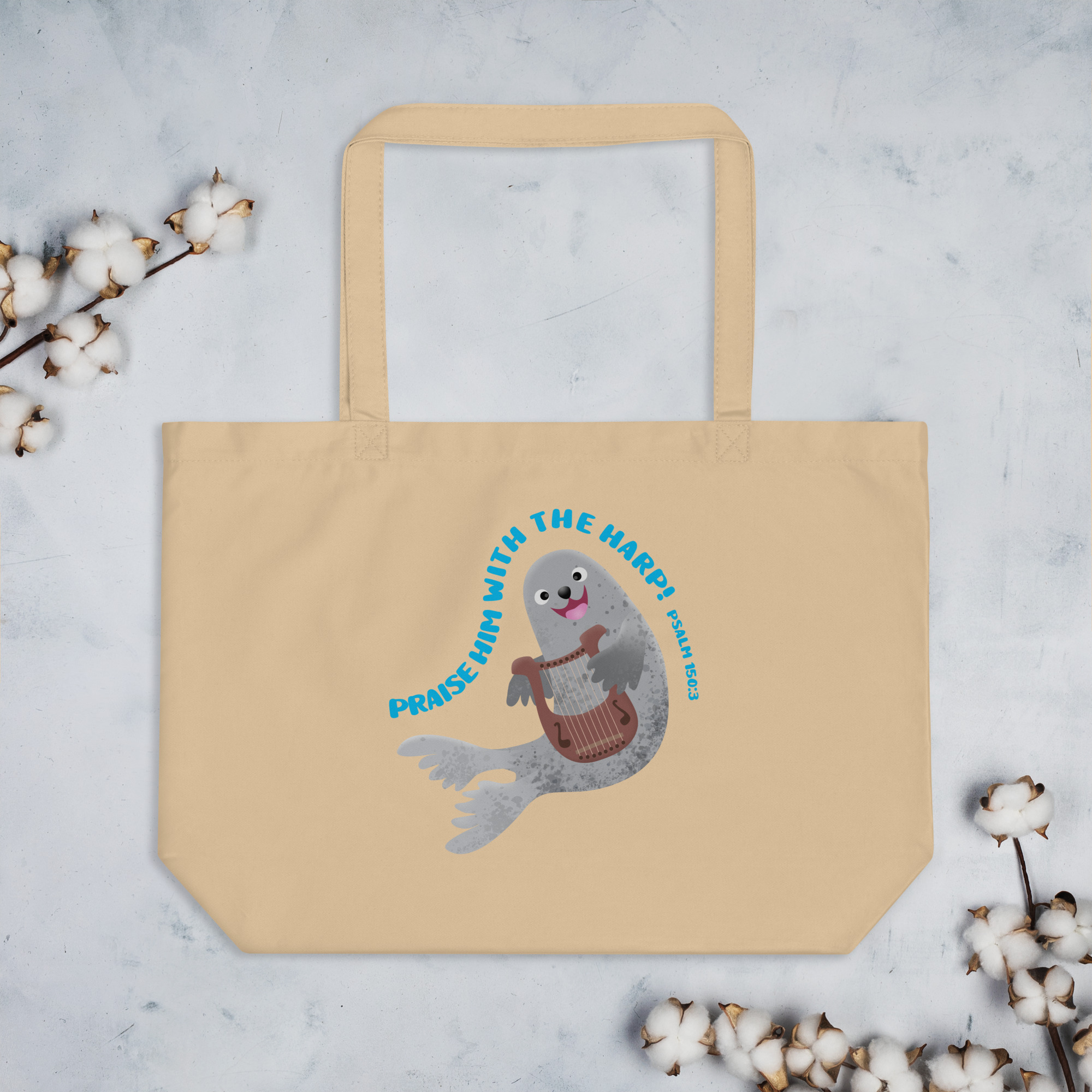 Cute harp seal praise scripture Large organic tote bag - Image 6