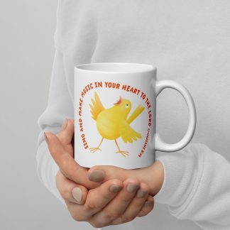Cute Singing Canary Cartoon Bible Verse White glossy mug