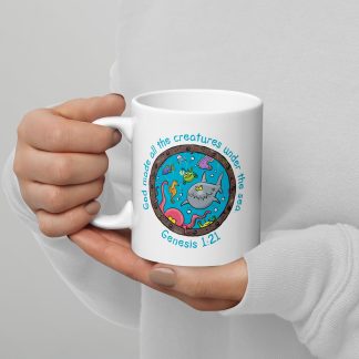 Funny sea creatures cartoon creation bible verse White glossy mug